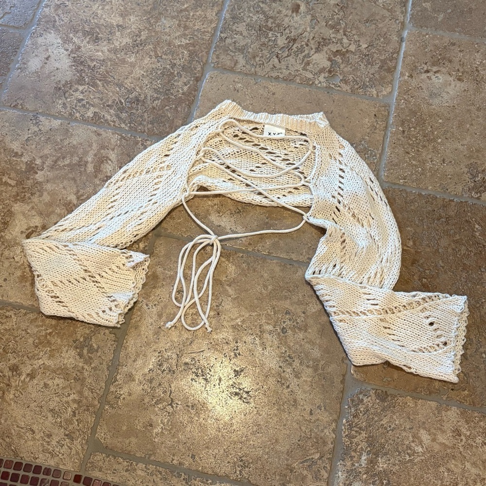 X.Y.Z Cream Lace Front Open Knit Cropped Sweater Festival Coachella- One Size